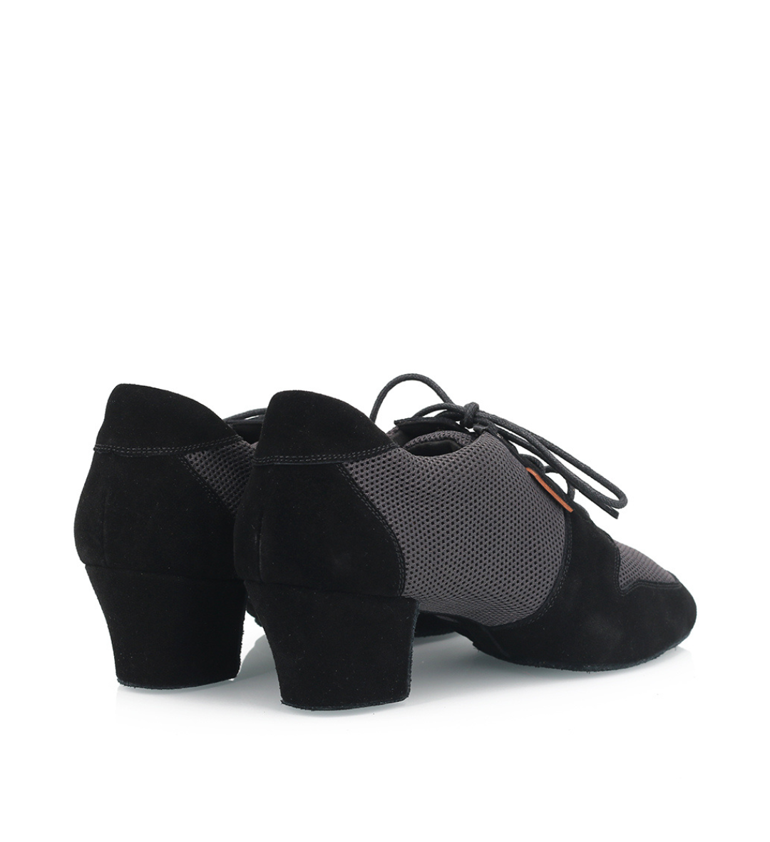 Vivaz Gala black dance shoe rear view showing the suede-wrapped 2 inch Cuban heel