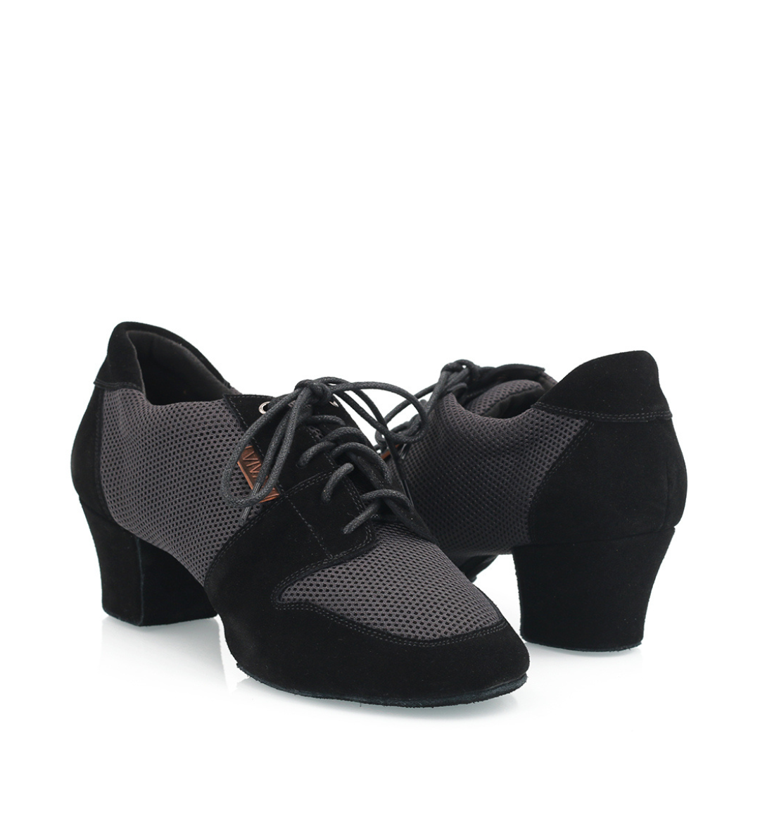 Pair of Vivaz Gala black dance shoes angled view, showing the suede outsole and 2 inch Cuban heel