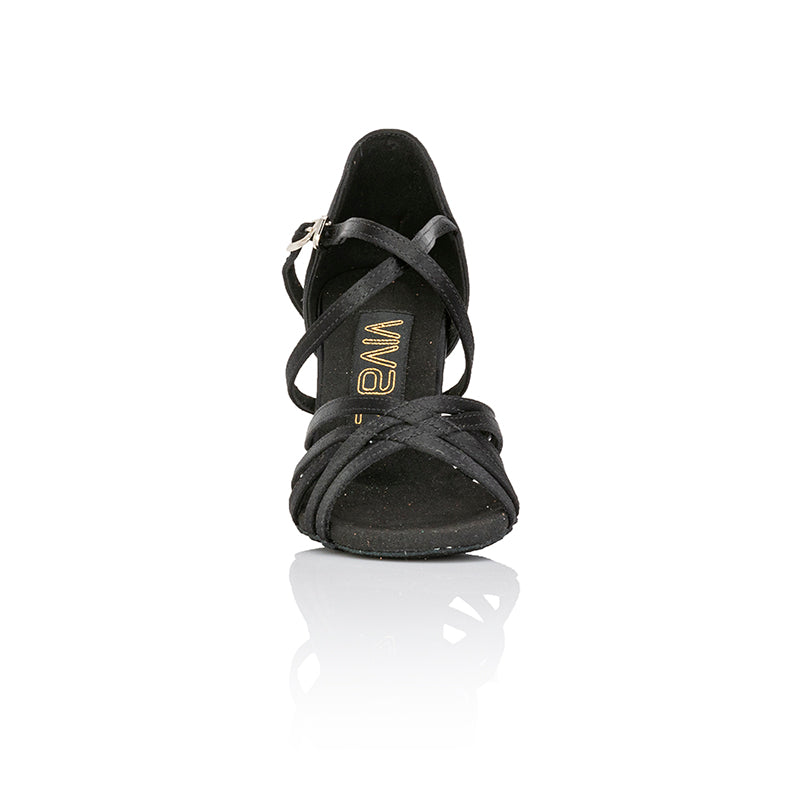 "Ayla" Ladies latin sandals | Black satin | 3.5" Slim flare heel - Vivaz Dance