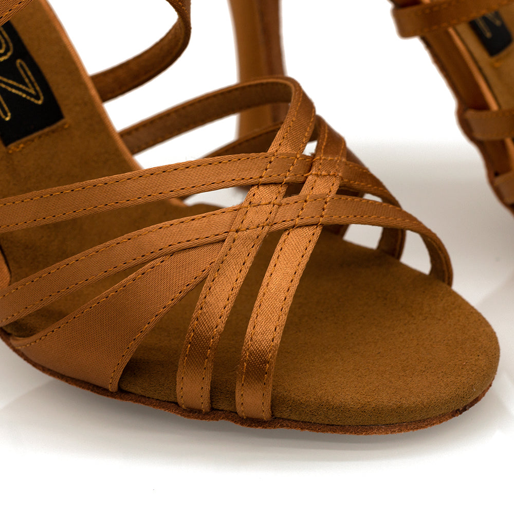 "Kira" Ladies latin sandals | Dark Tan Satin | 3.75" flare heel - Vivaz Dance